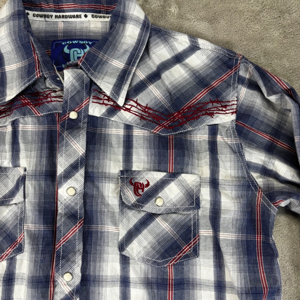 Cowboy Hardware Western Snap Shirt Women XL Blue Plaid Barbed Wire Embroidered - Picture 2 of 7